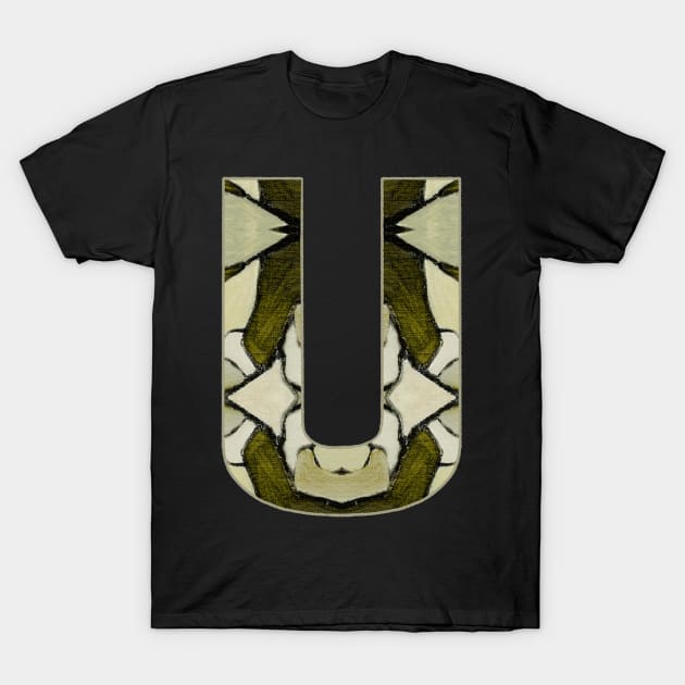 Letter U Monogram Initial Olive Green Pearl White Aesthetic Abstract Pattern Painting On Canvas T-Shirt by Go Abstract Art